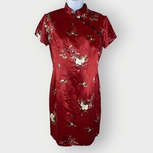 Vtg Y2K Cheongsam Style Dress | 8 | Red Satin Floral | USA | Asian Clubbing